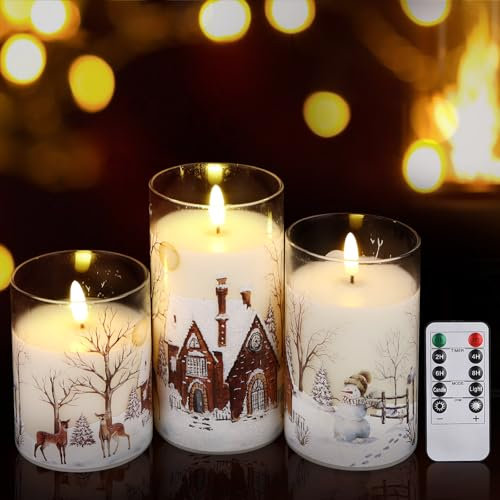 Huifoo 3 Flammenlose LED Kerzen im Glas mit Timerfunktion, Glas Weihnachtskerzen mit Fernbedienung,Flammenlose Weihnachtskerzen,Led Kerzen, LED Stumpenkerzen für Festival/Home/Party Dekoration