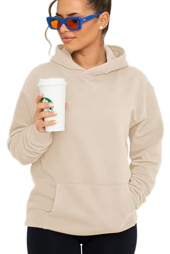 behype. Damen Oversize Hoodie Kapuzenpullover Einfarbig Basic Heavy Blank Pullover Unifarben Kapuzen-Sweatshirt Für Frauen DC_Damen_8001-Taupe Light-3XL