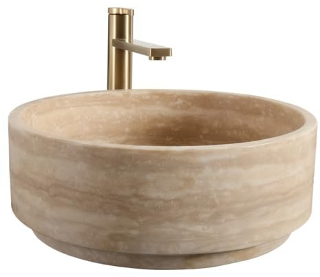 Natural Travertine Stone Round Bathroom Vessel Sink,16 inch Beige Marble Bathroom Sink, Vanity Bowl Basin