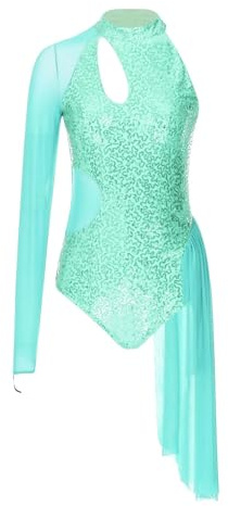 Gymnastik Trikots Damen Ballettanzug mit Pailletten, einschultriger Schulterbereich, durchsichtiges Netzgewebe, lyrisches Tanzkleid, Tanzbekleidung, Eiskunstlauf-Overall Turntrikot(Mint Green,L)