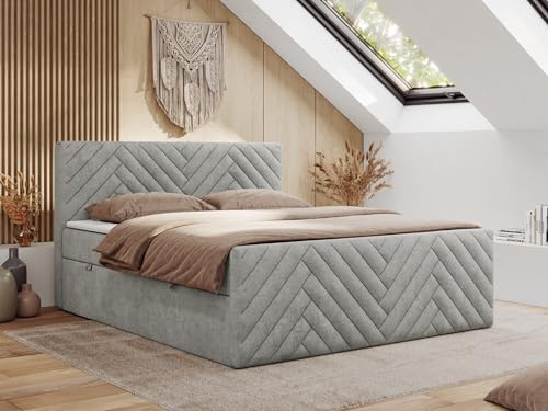 MKS MEBLE Boxspringbett 180x200 cm mit Bettkasten Stauraum – Paris Duo – Kopfteil und Fußteil – 7-Zonen Taschenfederkern Matratze H4 mit Topper T25 – Hellgrau Strukture