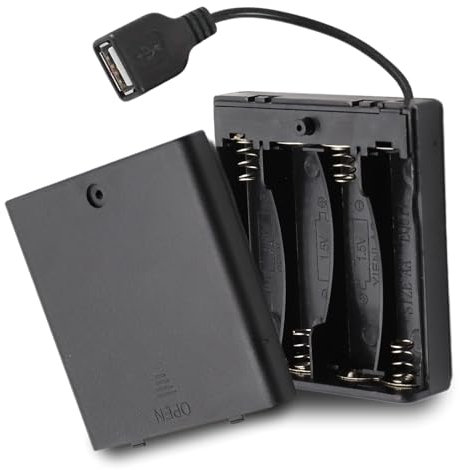 TECHZOCO Portapilas con Interruptor ON/Off, Soporte de Batería AA, Caja de Batería, Porta Pilas, Incluye Cable USB Hembra, Voltaje Total: 6V (1.5V por Pila), Apto para 4 Pilas LR6 AA (FR6, HR6, LR6)
