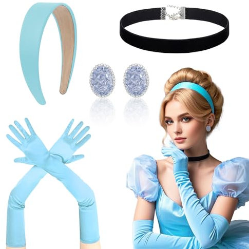 TUONYIS Damen Prinzessin Kostüm Set für Mädchen, Choker Kette, Handschuhe, Ohrringe, Krone Haarschmuck, Blau, Halloween, Cosplay