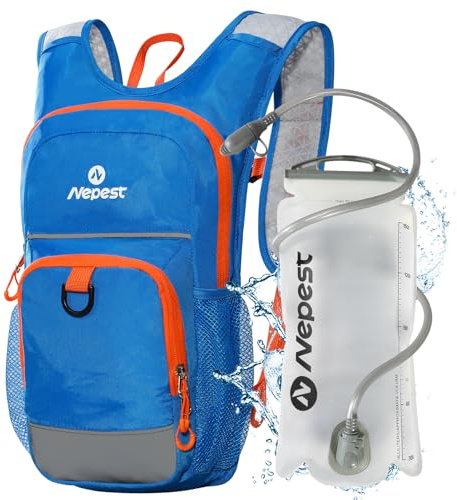 Nepest Kinderrucksack Trinkrucksack, 1,5-Liter-Wasserblase, atmungsaktive Trinkflasche, mit Reflexstreifen und verstellbaren Gurten, Blau