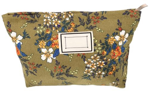 Trousse de Maquillage à Fleurs en Velours Côtelé, Verte, Légère | Organisation des Cosmétiques, Fermeture Zippée, Usage Multi-emploi, Voyage D'affaires et Camping