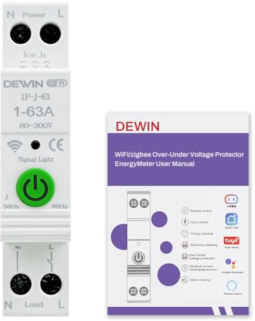 DEWIN Disyuntor Inteligente Wifi,1P 63A 230VAC Interruptor Inteligente Wifi Disyuntor Tuya Smart Switch Puedes ver la cantidad de energía etc.(Con manual en español)