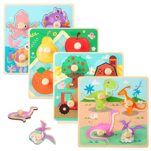 Wooden Puzzles for 1 2 3 Year Old – 4 Set Chunky Wooden Jigsaw Puzzles for Kids, Farm Animals, Fruits & Marine Creatures Peg Puzzle, Montessori Educational Learning Toy Gifts for Toddlers