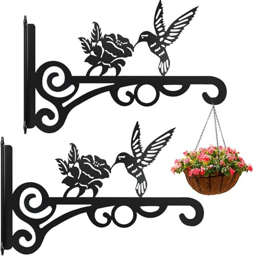 BIZOI Support de Panier Suspendu à Montage Mural, 2 Pièces Support Crochet Plante, Cochets Muraux en Fer pour Plantes, Pots de Fleurs, Décoration de Jardin et Balcon (Noir)