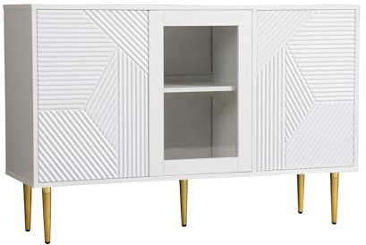 Aparador con 3 puertas correderas con patas de metal y puertas de cristal, armario de salón, color blanco, madera, 120 x 38 x 79,5 cm