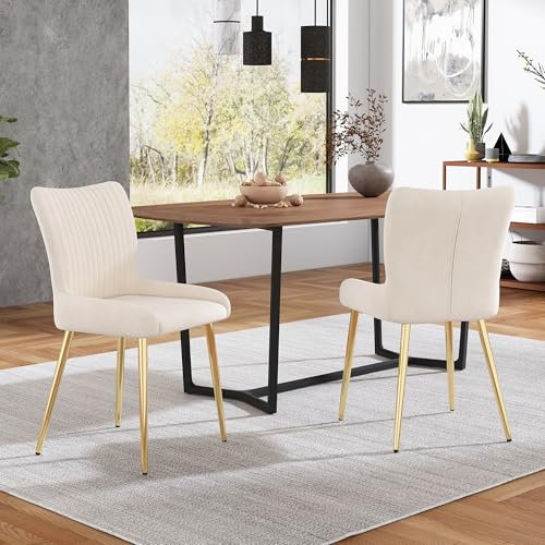 Lot de 2 chaises de salle à manger en velours de luxe pour salon, chambre à coucher, salon avec quatre pieds de soutien en métal doré, soutien lombaire beige