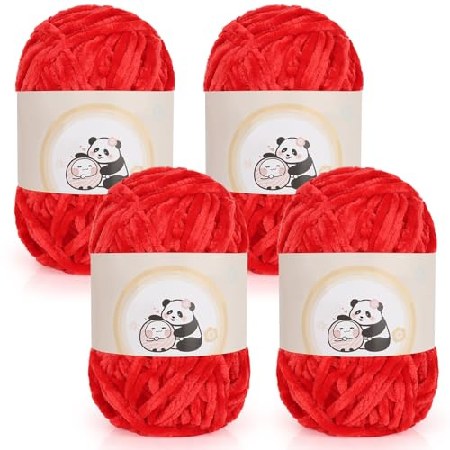 Aeelike 400g(4 x 100g) Chenille Garn zum Stricken, Weich Chunky Chenille Fluffy Yarn, Flauschige Samt Velvet Chenille Wolle zum Häkeln, Warme Plüschwolle für Mützen, Schals, Decken, Rot