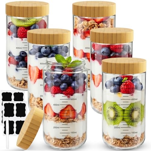 Otauoaea 6 Stück Meal Prep Gläser,680ml Overnight Oats Gläser mit Deckel, Müslibecher to Go Einmachgläser mit Schraubdeckel,Mealprep Glas mit Skala, Overnight Oats Behälter für Marmelade,Salat,Joghurt