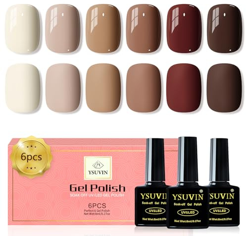 Yueshop Brown Gel Nail Polish, 6 Colors Autumn Winter Gel Polish Nail Art | HEMA FREE, Nude Cream White Brown Maroon Dark Brown Gel Nail Varnish Soak off UV LED, Long-Lasting, Manicure Home DIY, 8ml