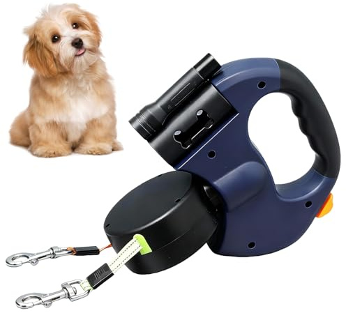 BAIFULAI Infällbart hundkoppel för 2 hundar, 3 m dubbelt koppel för 2 hundar med ljus, halkfritt handtag, utdragbar, rullkoppel för små och medelstora hundar (blå)