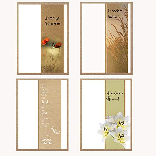 4 Trauerkarten mit Umschlag inkl. Trauersprüche, Beileidskarten mit Umschlag hochwertig A6, Trauerkarten ohne Text Set1 4er Kartenset Kraftpapier
