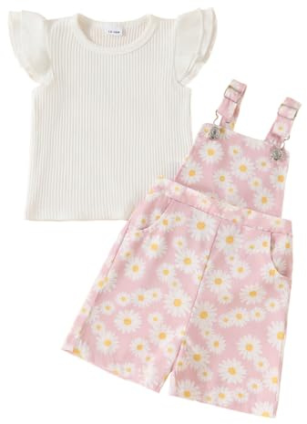 LUVCES Vestito estivo per bambina, con maniche a volant + pantaloncini a margherite, grazioso set di vestiti per bambini