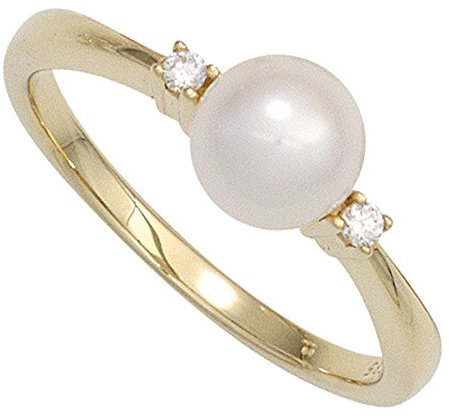 Ring Damenring Süßwasser Perle weiß & 2 Diamanten Brillanten 585 Gold Gelbgold, Ringgröße:Innenumfang 54mm ~ Ø17.2mm