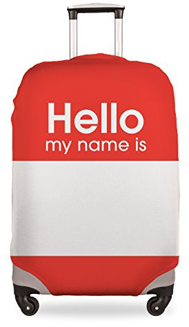Fringoo® Gepäckkoffer-Abdeckung, Gepäckschutz, Spandex, dehnbar, elastisch, kratzfest, staubabweisend, Reisetasche, lustig, niedlich, 45,7 - 71,1 cm, Hello My Name is, Medium 22'' - 24'', Modern