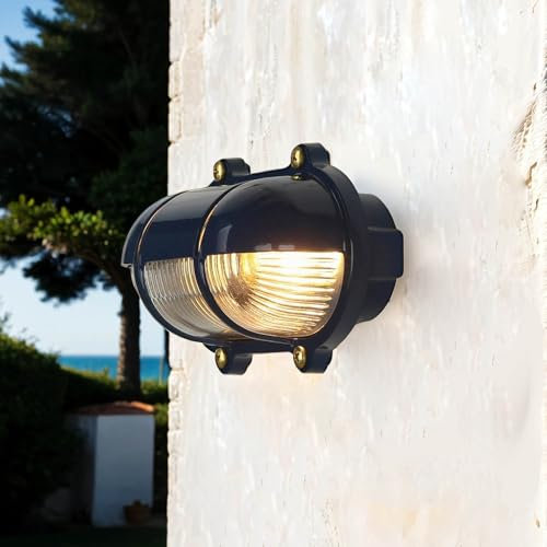 Licht-Erlebnisse Außen Wandlampe Blau Echt-Messing Maritim Rustikal Glasschirm Robust E27 bis Wandleuchte Außenlampe Garten Hof