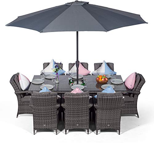 Giardino Arizona Rattan Garden Dining Set 8 Seater Outdoor Table & Chairs with Ice Bucket Drinks Cooler Patio Furniture with Parasol & Cover, 200 x 100cm, Grey