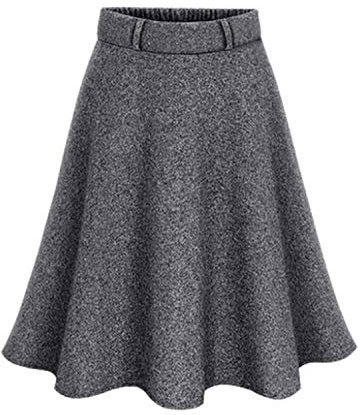 Damen A-Line-Rock-Dame-elastische Taillen Ausgestelltes Plissee Midi-Rock Herbst und Winter Wolle Warm-Rock,Grau,M