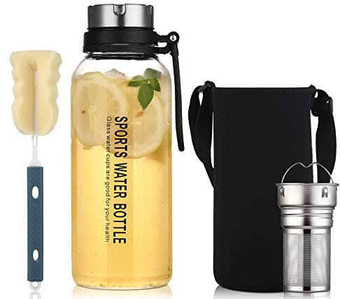ZDZDZ Reise-Trinkflasche aus Glas, 1,5 Liter, breite Öffnung, Glas, Trinkflasche mit Schutzhülle, wiederverwendbare Sport-Wasserflaschen für Fitnessstudio, Wandern, Camping