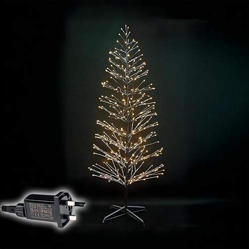 5Ft/1.5m Pre-Lit Brown Snowy Twig Christmas Tree – 184 Wam White Micro LEDs – Mains Operated - Snow Flocked Birch Tree Xmas Home Light Decoration
