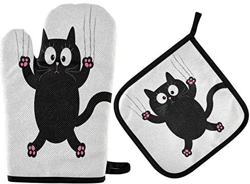 TropicalLife Ensemble de gants de cuisine et maniques en coton avec motif chat noir - Résistant à la chaleur - Pour la cuisine, les grillades, Noël