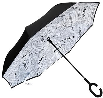 Braty Decorations Seitenverkehrter Stockschirm, Innovativer Regenschirm, Doppelschichtiger Regenschirm, Umgekehrter Regenschirm, Regenschirm mit C-förmigem Griff - Zeitung