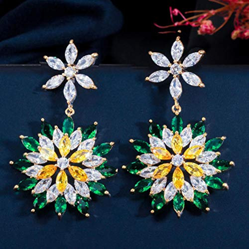 SALAN Circones Hermosos Topacio Verde Esmeralda Amarillo Lujo Grandes Pendientes Largos Colgantes De Flores para Fiesta De Boda para Mujeres