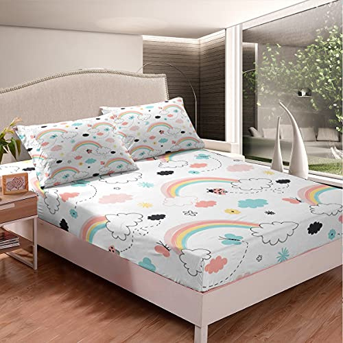 Kinder Regenbogen Spannbetttuch Karikatur Wolken Dekor Spannbettlaken 140x200cm für Jungen Bunte Schmetterlinge Muster Bettlaken Set Mehrfarbig Schöne Kleine Kunst Schlafzimmer Kollektion 2St