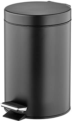 mDesign Cubo de basura con pedal – Contenedor de residuos de metal de 3 litros con tapa y cubo interno de plástico – Ideal para cosméticos o como papelera de baño, cocina y oficina – negro