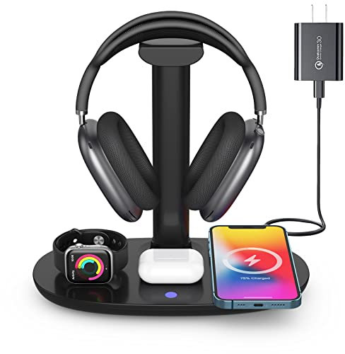 Suguder - Soporte para auriculares con cargador inalámbrico de 15 W, estación de carga 4 en 1 para AirPods Max/Pro/4/3/2 iWatch 10/9/8/7/6/5/4/3/2/1/SE iPhone 16/15/14/13/12/11/X para juegos de mesa