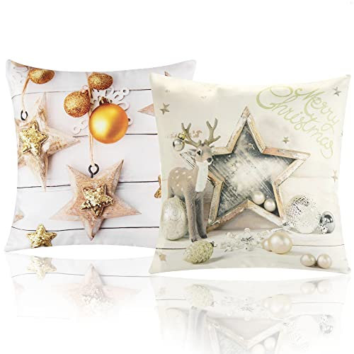 com-four® 2X Zierkissenbezug 45x45cm - Set Kissenhüllen mit Weihnachtsmotiv - dekorativer Bezug für Dekokissen, Sofakissen und Wurfkissen - Oxford-Gewebe (2X - Hirsch+Sterne)