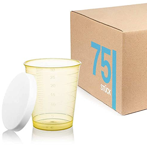 Tuuters 75 bicchieri per medicinali, 30 ml, infrangibili, bicchieri per liquori, bicchieri medicinali (giallo + coperchio)