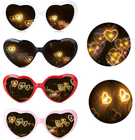 AWAVM 4 Stücke Herz Brille Effekt, 3D Heart Glasses Beugungs Brille Herzförmige Sonnenbrille, Lustige Brillen für Fasching Musikfestivals Party Bar Feuerwerk Musik im Freien Party Bar Nachtclub