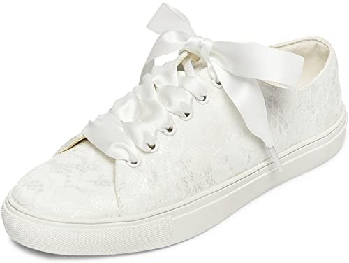 JIAJIA 8831Y Hochzeitsschuhe Braut Turnschuhe Wohnungen Braut Tennisschuhe Spitze Turnschuhe Farbe Elfenbein,Größe 41 EU (7 UK)