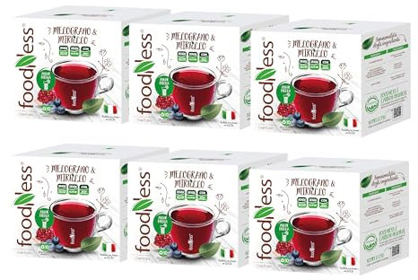 foodNess - 6 Box da 10 Capsule di Melograno & Mirtillo, Capsule Compatibili con Sistema Dolce Gusto, Solubile per Bevanda al Tè Nero Senza Glutine, Uova e Derivati Naturali e Zuccheri
