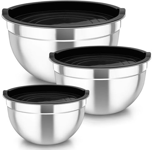 TEAMFAR Set di 3 ciotole in acciaio inox con coperchio ermetico, colore nero, perfette per cuocere, preparare, servire, 4,5 l, 2,5 l, lavabili in lavastoviglie