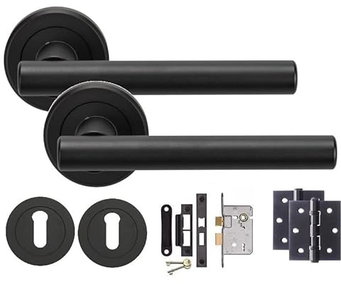 Golden Grace T-Bar Door Handles with Mortise Lock & Hinges, Matt Black | Includes 2 keys, 1 pair of keyhole escutcheons, and fixing screws on round rose backplates for internal wooden doors.
