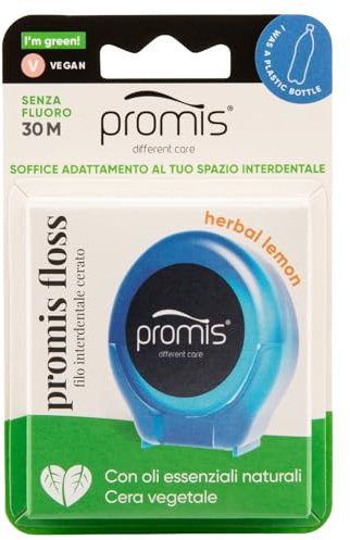 Promis Floss - Filo Interdentale Espandibile Cerato, Adattamento Interdentale Delicato, Testato Clinicamente, Oli Essenziali, Senza Fluoro, 100% Vegano, Riciclato (ocean blue)