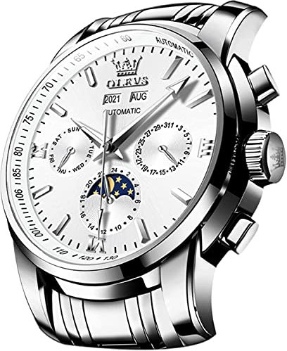OLEVS Automatische Herrenuhr Selbstaufzug Mechanische Luxus Kleid Mondphase Edelstahl Wasserdicht Leuchtende Kalender Armbanduhr, Weiss/opulenter Garten, Mechanisch