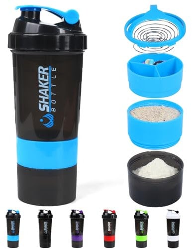 VIGIND Protein Shaker Bottle,Leak Proof Sports Water Bottle for Protein Mixer- Non Slip 3 Layer,16 oz Shake Cup with Pill Tray Storage (Blue)