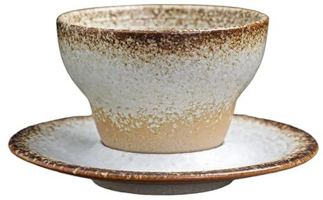 Japanese Ceramic Cup & Saucer Set - Traditional Asian Style Cups for Tea, Coffee, Espresso - Rustic, Vintage Drinking Earthenware Sets - Innovative Conical Design & Hollow Coaster (White)
