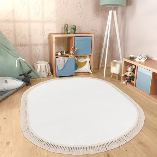 Paco Home Teppich Rund Wohnzimmer Kinderzimmer Hochflor rutschfest Einfarbiges Design Mit Fransen Weich Moderne Deko, Grösse:180x200 cm Oval, Farbe:Creme