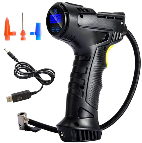 Umelee Elektrische Luftpumpe 12V, Tragbare Digitale Fahrradpumpe mit 4 Düsen, 2000mAh Akku Kompressor, Ballpumpe, Autoreifenfüller für Auto, Fahrrad, Ball, Aufblasbare Gegenstände