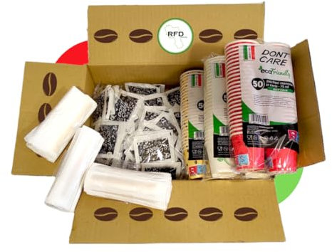 RFD Kit Caffè Eco 150 Pezzi Bicchieri Palettine Zucchero - 150 Bicchieri 75 ml Eco + 150 Palettine in Legno + 150 confezioni di Zucchero Bianco - Made in Italy