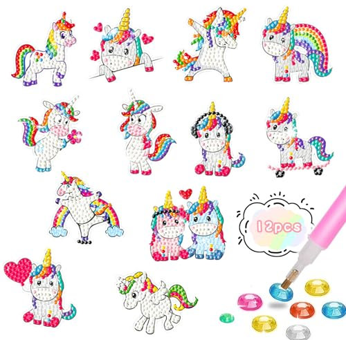 Lithyc 12 Stück DiamantgemäLde für Kinder, Diamond Painting Einhorn, DIY 5D-DiamantgemäLde Geeignet für Kinder Im Alter Von 6-12 Jahren