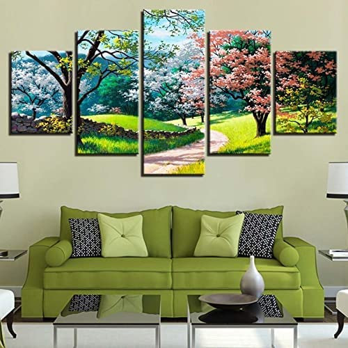 Leinwandbild 5 Tlg. Blumen Bäume Frühlingslandschaft Druck Auf Leinwand Bild Kunstdruck (Xl/Mit Rahmen 150 X 100 Cm) Für Wohnzimmer Hotel Restaurant Büro Home Decor Poster Wandkunst Wandbi -8S9M/R9