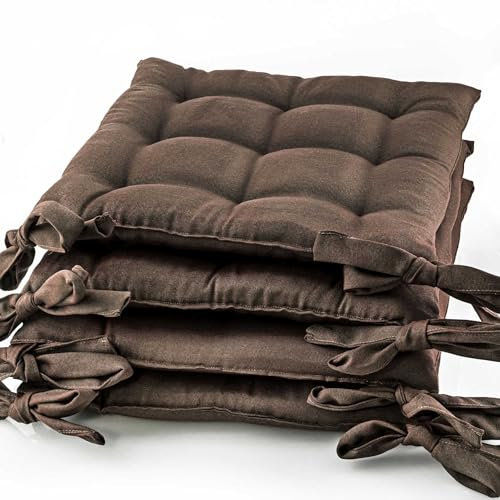 etérea 4er Set Sitzkissen Outdoor 40x40 mit Bändern - Stuhlkissen Braun für Gartenstuhl & Innenbereich - waschbare Sitzauflagen Gartenmöbel - 4 Stück Kissen 40x40 cm - Braun